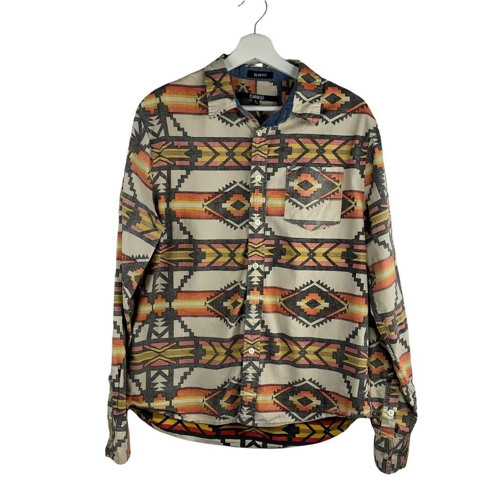 Carbon Size L Button Up Shirt Slim Fit Aztec‎ Tribal Print Classic Long Sleeve